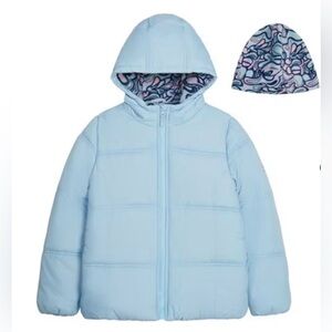 NWOT London Fog Girls Fleece Lined Puffer Jacket Coat w/beanie Blue sz LG 14/16
